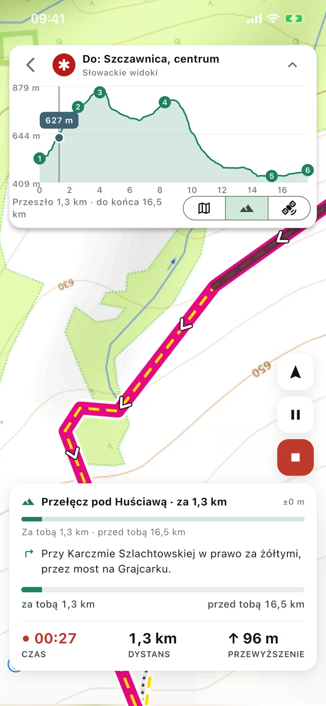 Nawigacja w aplikacji Szlaki Pienin: ślad trasy na mapie z warstwicami, rozwinięty profil wysokości z punktami etapowymi oraz wskazówka na najbliższy zakręt
