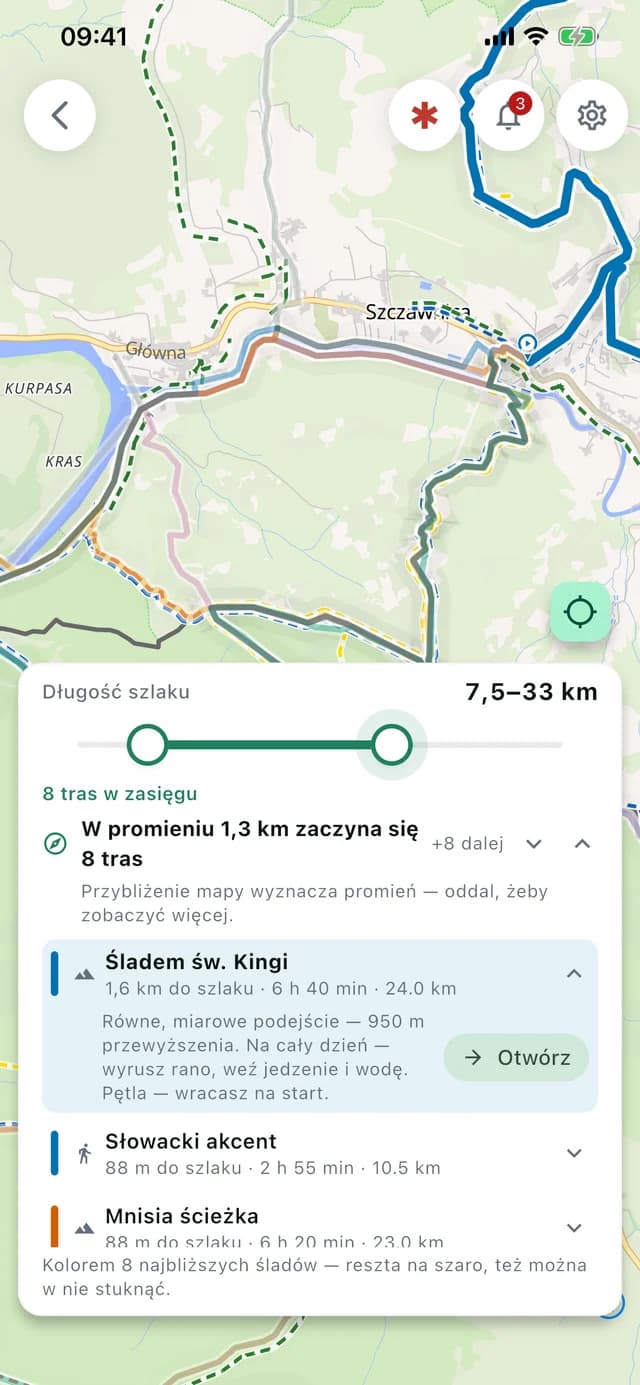 Blisko mnie — Trasy zaczynające się w pobliżu, z suwakiem długości i odległością do szlaku.
