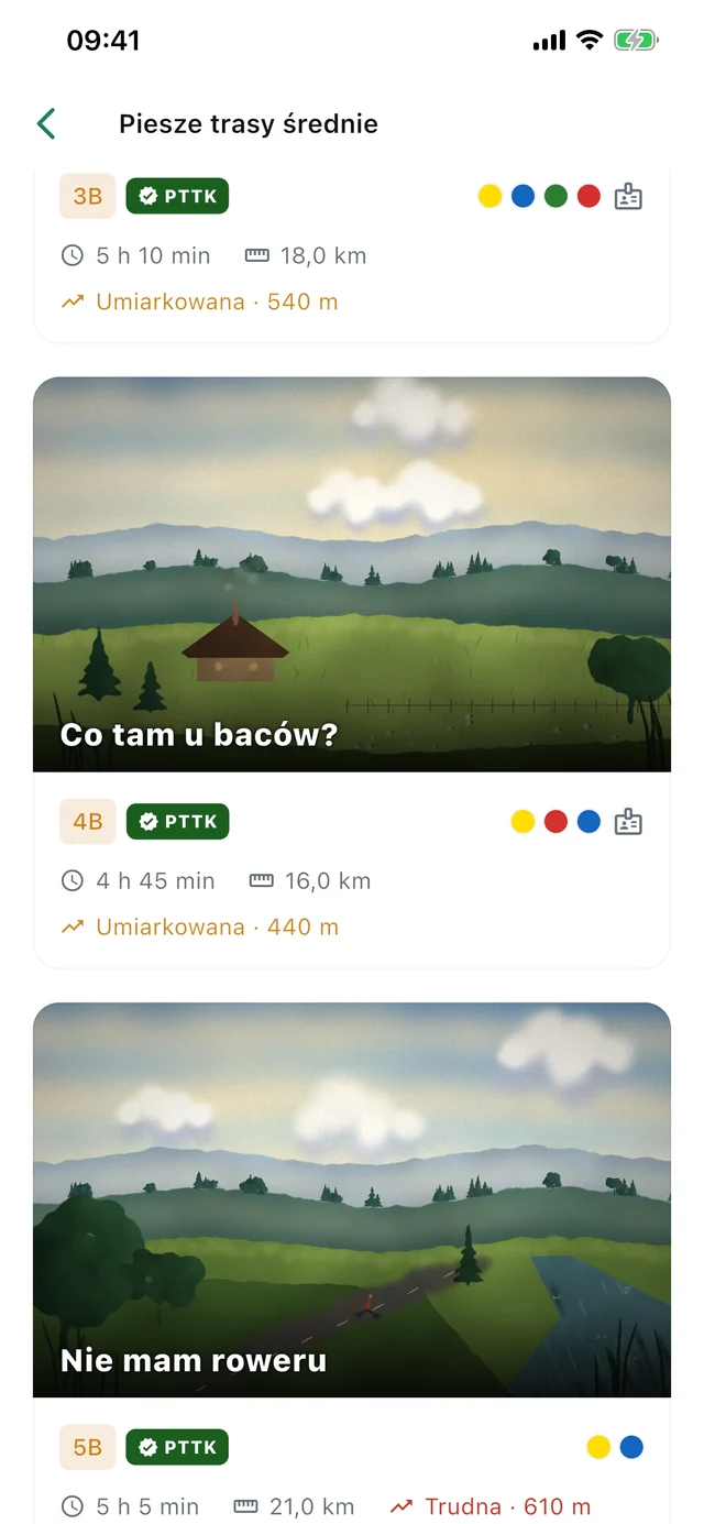 Lista tras — Czas, dystans, przewyższenie i kolory szlaków widoczne od razu na karcie.