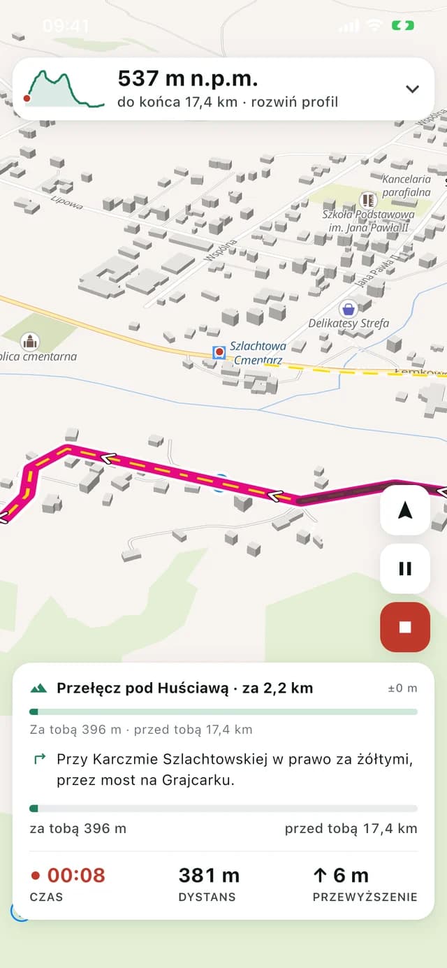 Nawigacja na szlaku — Ślad, następny punkt i wskazówka na najbliższy zakręt — z licznikiem dystansu.