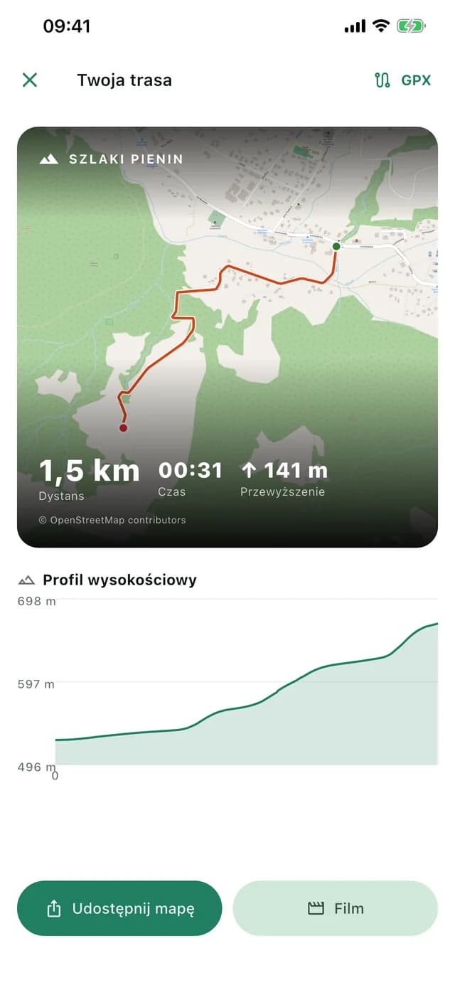 Po marszu — Nagrany ślad z dystansem i przewyższeniem, do zapisania jako GPX albo film.