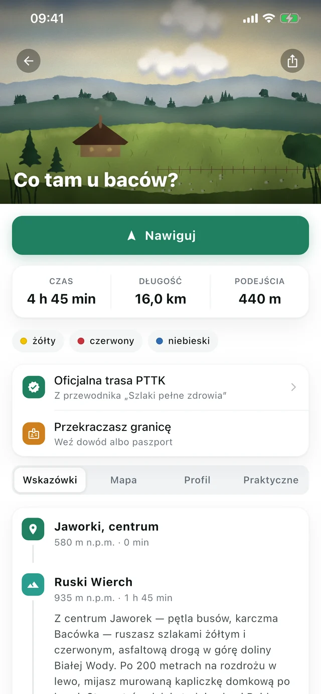 Opis trasy — Wskazówki punkt po punkcie, z wysokością i czasem dojścia do każdego z nich.